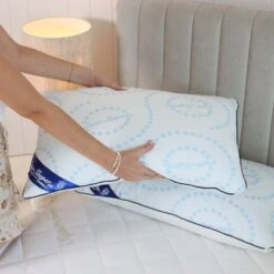 Super Sleeper Pro Adjustable Every Comfort Pillow With Cooling Technology - TV Double Offer! - Super Sleeper Pro -Home Living Store ECP woman holding blue and white pillow over mattress and pillow